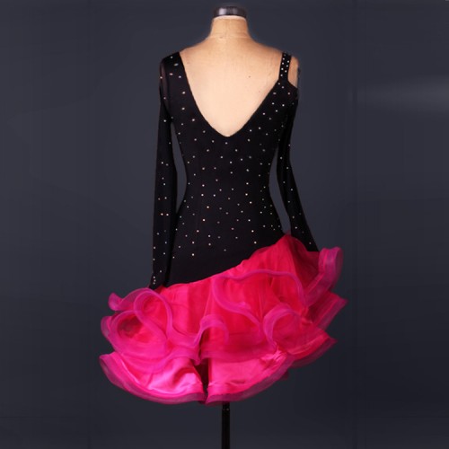 Competition latin dresses for women growth robe latine diamond pink yellow and black  stage performance salsa chacha rumba dancing costumes